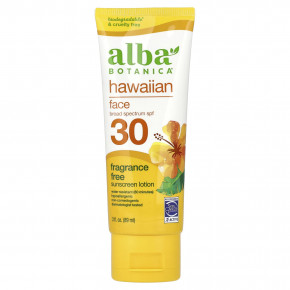 Alba Botanica, Hawaiian солнцезащитный лосьон для лица, SPF 30, без отдушек, 89 мл (3 жидк. унции) - описание | фото