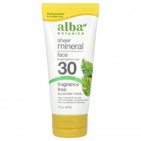 Alba Botanica, прозрачный минеральный солнцезащитный лосьон для лица, SPF 30, без отдушек, 59 мл (2 жидк. унции) - описание | фото