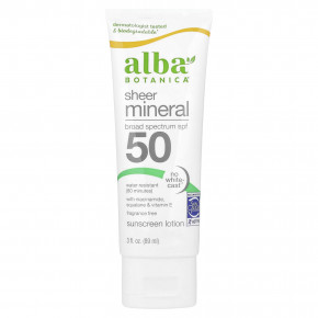 Alba Botanica, Sheer Mineral, минеральный солнцезащитный лосьон, SPF 50, без отдушки, 89 мл (3 жидк. унции) - описание