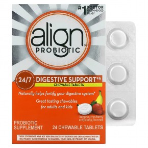 Align Probiotics, 24/7 для поддержки пищеварения, банан и клубника, 24 жевательные таблетки в Москве - eco-herb.ru | фото