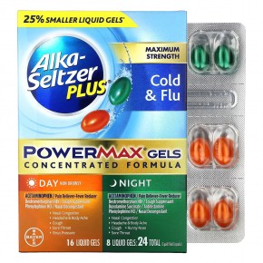 Alka-Seltzer Plus, Максимальная сила действия при простуде и гриппе, PowerMax, дневное и ночное средство, 24 жидких геля в Москве - eco-herb.ru | фото