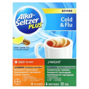 Alka-Seltzer Plus, От сильной простуды и гриппа, днем и ночью, с медом и цедрой лимона, 12 пакетиков в Москве - eco-herb.ru | фото