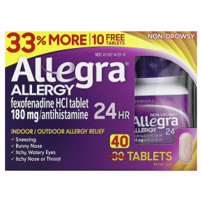 Allegra, Allergy 24 HR, не вызывает сонливость, 180 мг, 40 таблеток - описание | фото