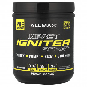 ALLMAX, IMPACT™ IGNITER Sport, предтренировочный комплекс, со вкусом персика и манго, 320 г (11,29 унции) - описание | фото
