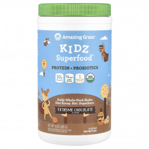 Amazing Grass, Kidz Superfood®, протеин и пробиотики, экстремальный шоколад, 285 г (10 унций) - описание | фото