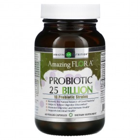 Amazing Nutrition, Amazing Flora ™, пробиотик, 25 миллиардов, 60 растительных капсул - описание
