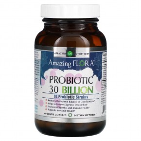 Amazing Nutrition, Amazing Flora, пробиотик, 30 млрд КОЕ, 60 растительных капсул - описание