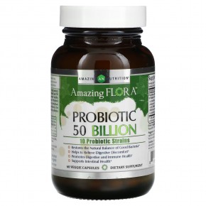 Amazing Nutrition, Amazing Flora, пробиотик, 50 миллиардов, 60 растительных капсул - описание