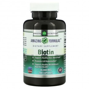 Amazing Nutrition, Биотин, 10 000 мкг, 200 растительных капсул - описание