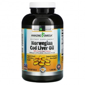 Amazing Nutrition, Amazing Omega, жир печени норвежской трески, свежий апельсин, 1000 мг, 250 мягких таблеток - описание