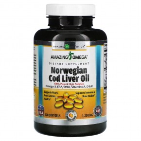 Amazing Nutrition, Жир печени норвежской трески, свежий апельсин, 1250 мг, 120 мягких таблеток - описание