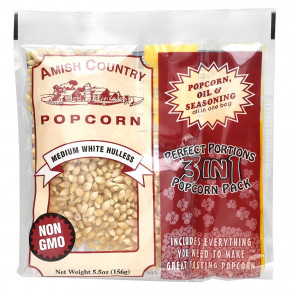 Amish Country Popcorn, Perfect порции, 3 в 1 упаковке, для попкорна, средний белый, без кожуры, 156 г (5,5 унции) - описание | фото