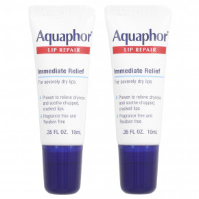 Aquaphor, Lip Repair, немедленное облегчение, без отдушек, 2 тюбика по 10 мл (0,35 жидк. унц.) - описание | фото