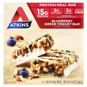 Atkins, Protein Meal Bar, греческий йогурт с голубикой, 5 батончиков, 48 г (1,69 унции) - описание | фото