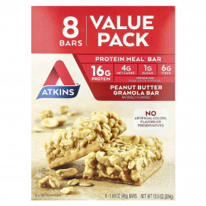 Atkins, Protein Meal Bar, гранола с арахисовой пастой, 8 батончиков, 48 г (1,69 унции) - описание | фото