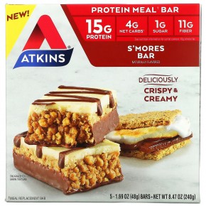 Atkins, Protein Meal Bar, S'mores Bar, 5 Bars, 1.69 oz (48 g) в Москве - eco-herb.ru | фото