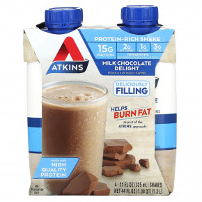 Atkins, Protein Rich Shake, молочный шоколад, 4 коктейля, 325 мл (11 жидк. унц.) - описание