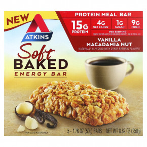 Atkins, Soft Baked Energy Bar, ванильный орех и макадамия, 5 батончиков, 50 г (1,76 унции) в Москве - eco-herb.ru | фото