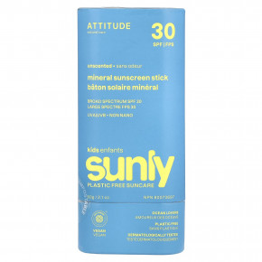 ATTITUDE, Sunly, минеральный солнцезащитный стик для детей, SPF 30, без запаха, 60 г (2,1 унции) - описание | фото