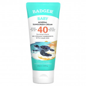 Badger, минеральный солнцезащитный крем для детей, SPF 40, ромашка и календула, 87 мл (2,9 жидк. унции) - описание | фото