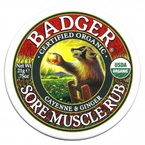 Badger, Sore Muscle Rub, мазь от боли в мышцах с кайенским перцем и имбирем, 21 г (0,75 унции) - описание