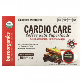 BareOrganics, Cardio Care, кофе с суперфудами, средней обжарки, 10 чашек по 11,5 г (0,41 унции) - описание | фото