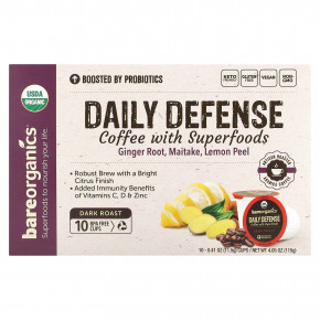 BareOrganics, Daily Defense, кофе с суперфудами, темная обжарка, 10 чашек по 11,5 г (0,41 унции) - описание | фото