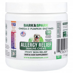 Bark&Spark, Allergy Relief Immune Chews, для снятия зуда кожи, для собак, арахисовая паста, 120 жевательных таблеток, 264 г (9,3 унции) - описание