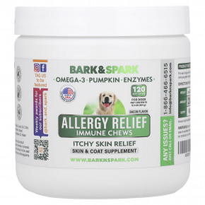 Bark&Spark, Allergy Relief Immune Chews, средство от зуда на коже, для собак, со вкусом бекона, 120 жевательных таблеток, 264 г (9,3 унции) - описание