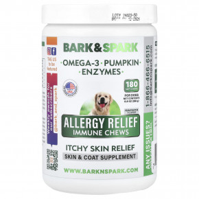 Bark&Spark, Allergy Relief, Immune, жевательные таблетки, для снятия зуда, для собак, арахисовое масло, 180 жевательных таблеток, 396 г (13,9 унции) - описание | фото