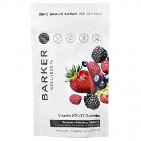 Barker Wellness Co, жевательные таблетки с витаминами K2 и D3, со вкусом ягодного ассорти, 30 жевательных таблеток - описание | фото