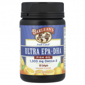 Barlean's, Fresh Catch®, рыбий жир с высоким содержанием ЭПК и ДГК, со вкусом апельсина, 60 капсул (650 мг в 1 капсуле) - описание | фото