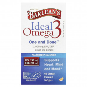 Barlean's, Ideal Omega 3, апельсин, 60 мягких таблеток - описание | фото