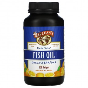 Barlean's, Fresh Catch, рыбий жир, омега-3 ЭПК и ДГК, апельсин, 600 мг, 250 мягких таблеток (300 мг на мягкую таблетку) - описание