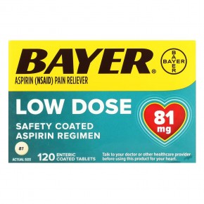 Bayer, Схема приема аспирина с безопасным покрытием, низкая доза, 81 мг, 120 таблеток, покрытых кишечнорастворимой оболочкой в Москве - eco-herb.ru | фото