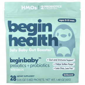 Begin Health, Beginbaby™, пребиотики и пробиотики, для детей от 0 до 12 месяцев, без добавок, 28 пакетиков по 1,5 г (0,05 унции) - описание | фото