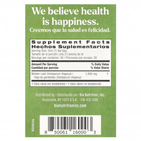 Bio Nutrition, Чай из листьев коровяка, без кофеина, 30 чайных пакетиков, 57 г (2,01 унции) в Москве - eco-herb.ru | фото