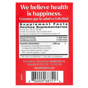 Bio Nutrition, чай с ашвагандой, без кофеина, 30 чайных пакетиков, 48,2 г (1,7 унции) в Москве - eco-herb.ru | фото