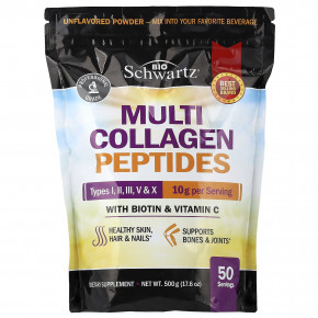 BioSchwartz, порошок из мультиколлагеновых пептидов, типы I, II, III, V и X, с биотином и витамином C, с нейтральным вкусом, 500 г (17,6 унции) в Москве - eco-herb.ru | фото