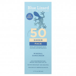 Blue Lizard Australian Sunscreen, Sheer, минеральный солнцезащитный крем для лица, SPF 50, 50 мл (1,7 жидк. унции) в Москве - eco-herb.ru | фото
