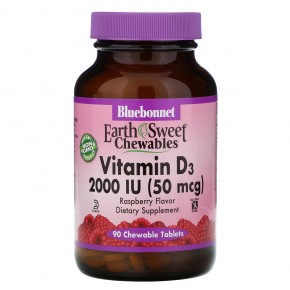 Bluebonnet Nutrition, Earth Sweet Chewables, витамин D3, со вкусом малины, 2000 МЕ, 90 жевательных таблеток в Москве - eco-herb.ru | фото