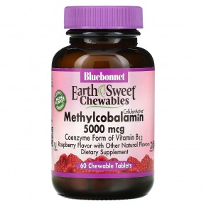 Bluebonnet Nutrition, EarthSweet, жевательные таблетки CellularActive, метилкобаламин, малиновый вкус, 5000 мкг, 60 жевательных таблеток - описание