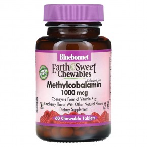 Bluebonnet Nutrition, EarthSweet, жевательные таблетки, метилкобаламин, натуральный малиновый вкус, 1000 мкг, 60 жевательных таблеток - описание