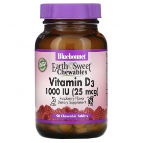 Bluebonnet Nutrition, EarthSweet Chewables, витамин D3, со вкусом малины, 25 мкг (1000 МЕ), 90 жевательных таблеток в Москве - eco-herb.ru | фото