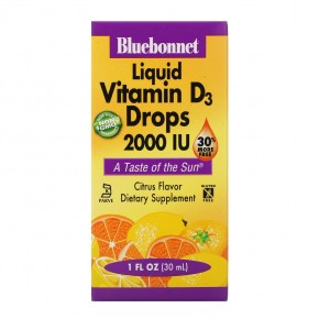 Bluebonnet Nutrition, Жидкий витамин D3 в каплях с натуральным цитрусовым вкусом, 2000 МЕ, 30 мл (1 жидкая унция) - описание