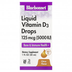 Bluebonnet Nutrition, капли витамина D3, с натуральным цитрусовым вкусом, 5000 МЕ, 30 мл (1 жидкая унция) - описание | фото