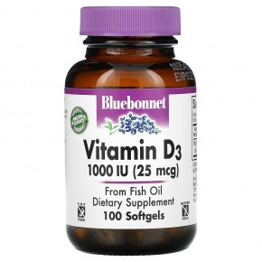 Bluebonnet Nutrition, Vitamin D3, 1,000 IU (25 mcg), 100 Softgels - описание
