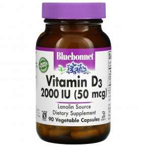 Bluebonnet Nutrition, Витамин D3, 50 мкг (2000 МЕ), 90 растительных капсул - описание