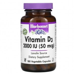 Bluebonnet Nutrition, витамин D3, 50 мкг (2000 МЕ), 180 растительных капсул - описание