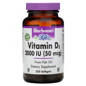Bluebonnet Nutrition, витамин D3, 50 мкг (2000 МЕ), 250 капсул - описание